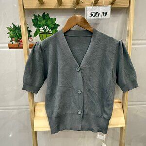Gray Blue Puff Sleeve Button Knit Cardigan Top